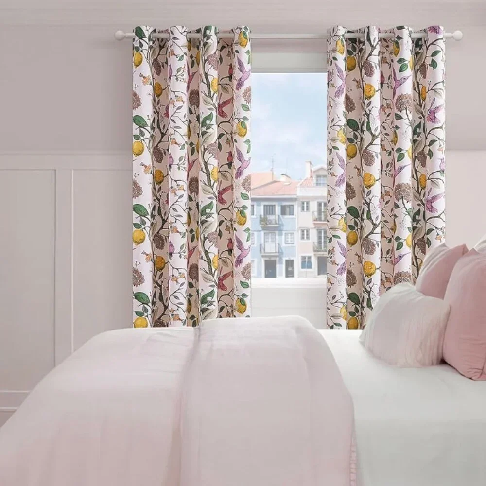 Floral Lemon Hummingbird Curtains Patterned Waverly Mid-Century Style - Picture 4 of 7